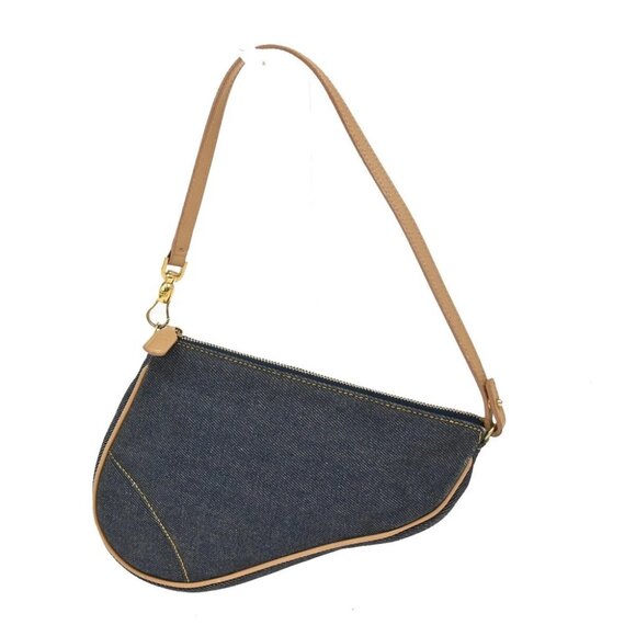 CHRISTIAN DIOR Logo Saddle Shoulder Bag Canvas Denim Canvas Leather Blue - Picture 1 of 15